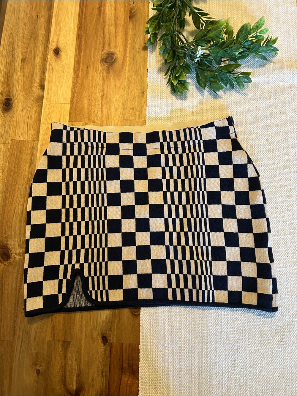 Urban Outfitters Navy and Cream Checkerboard Mini Skirt